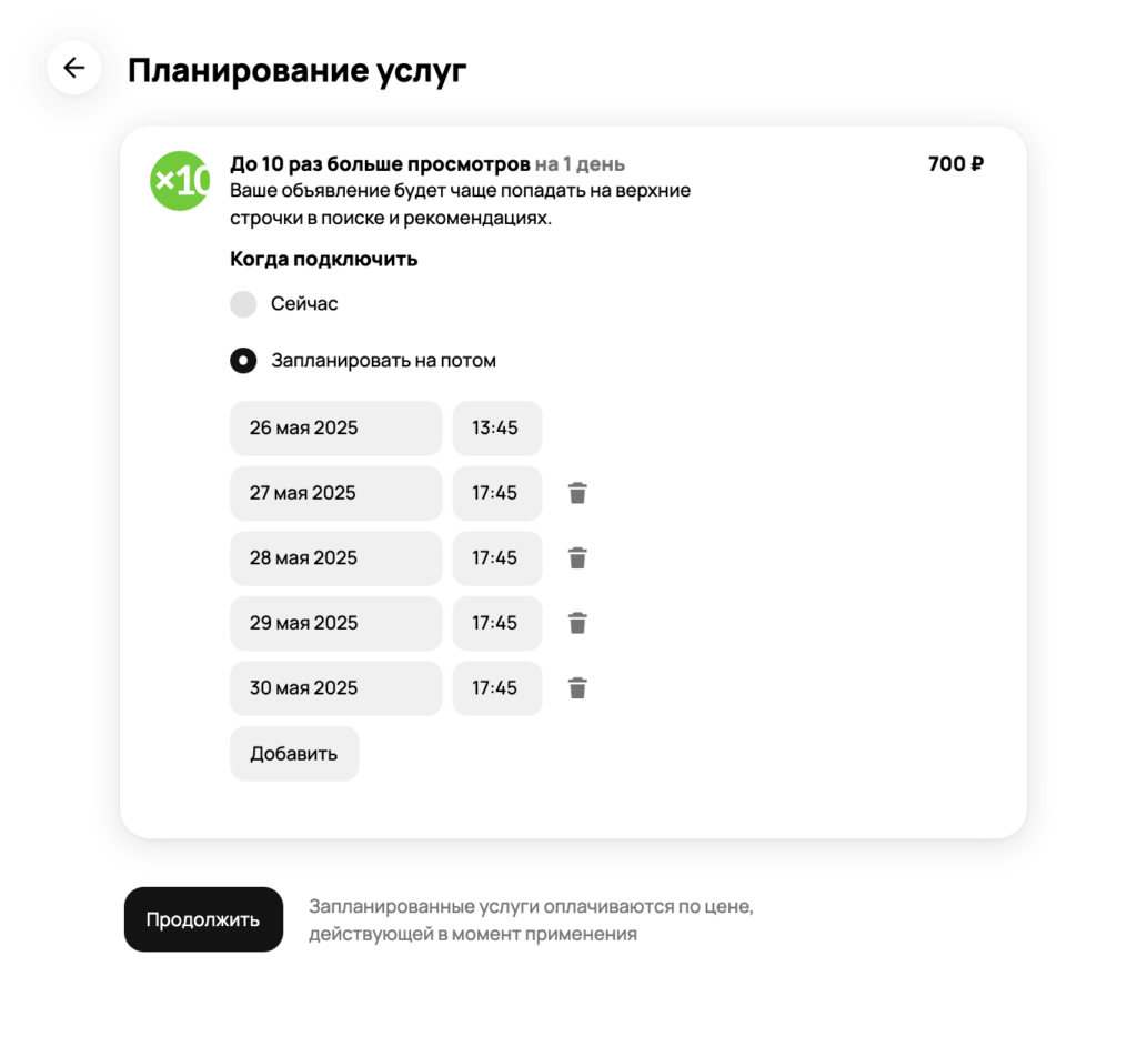 Планирование продвижения объявлений на Авито